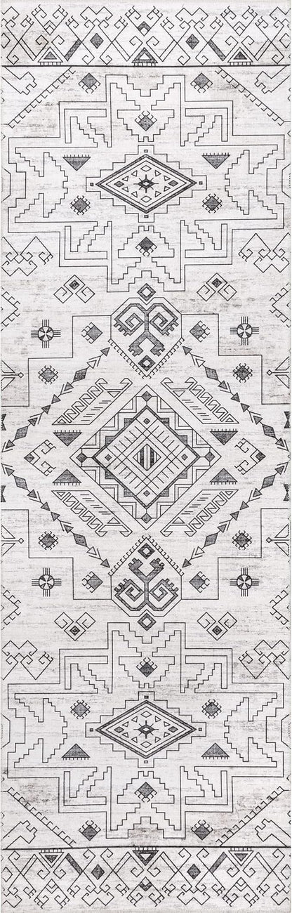 nuLOOM Malena Tribal Bordered Machine Washable Ultra Thin Runner Rug, 2' 6" x 8', Light Grey