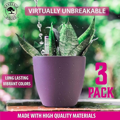 GARDENIX DECOR Self Watering Pots for Indoor Plants 3 Pack - Flower Pot with Water Level Indicator for Plants, Grow Tracking Tool - Self Watering Planter Plant Pot - Coco Coir - Purple