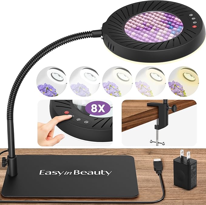 EASYINBEAUTY 8X Magnifying Glass with Light and Stand, 5 Color Modes & 9-Level Dimmable, 2-in-1 LED Magnifying Desk Lamp with Clamp, Gooseneck Magnifying Light for Crafts Hands Free, Close Work, Read