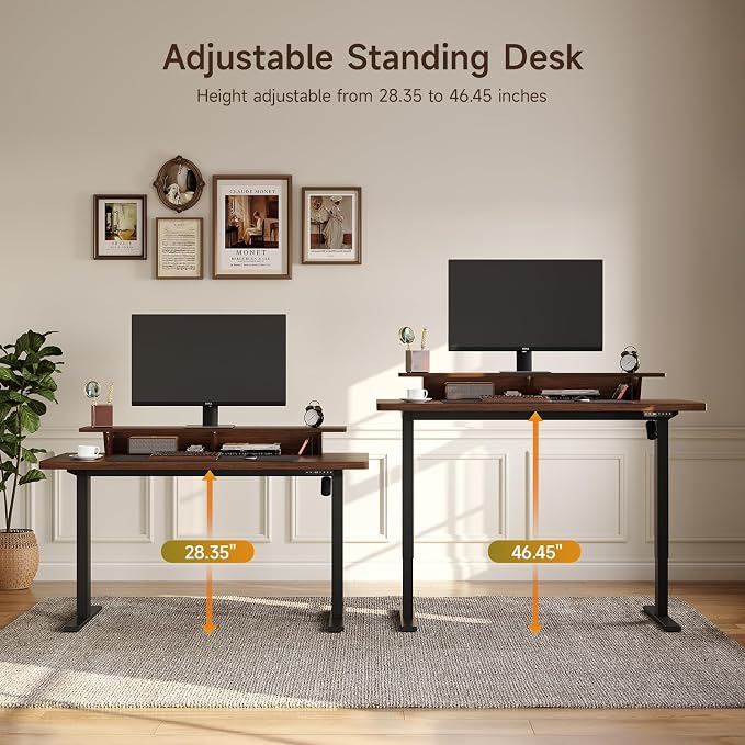 ONBRILL Home Office Furniture Sets, 63'' Standing Desk with 55'' File Cabinet, Electric Height Adjustable Standing Desk with 71'' Tall Modern Bookshelf, Home Office Furniture Set, Walnut
