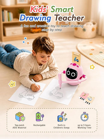 Drawing Robot Toys for Kids, 220 Flash Cards Gift for 3-8 Years Old Boys Girls, Montessori Doodle Art Painting with Voice Interactive for Beginners, Birthday (Pink)