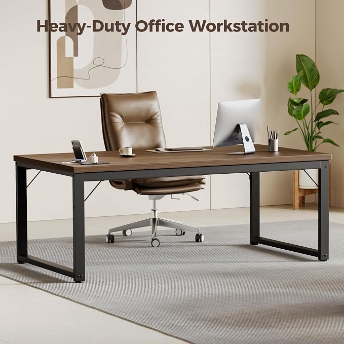 Mericonia 48 Inch Computer Desk with Power Outlets, 1.2" Thick Office Table | Modern Simple Style, Heavy Duty Industrial Frame, Small Study & Writing Table for Home Bedroom Work, Walnut
