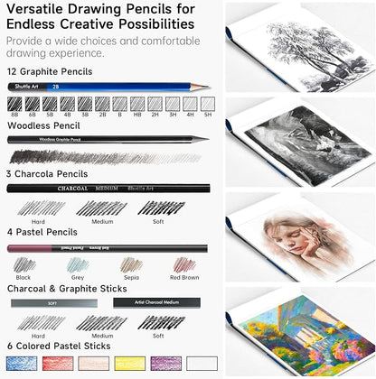 Shuttle Art 52 Pack Drawing Pencils Set, Professional Art Kit with Graphite Charcoal Sticks, Drawing Pad in Portable Case, Ideal for Kids and Adults Artists
