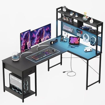 Apicizon L Shaped Gaming Desk 53" with Hutch, LED Light and Drawer | Carbon Fiber Surface, Storage Shelves, Pegboard with Hooks, PC Tower Stand, USB Charging Port, Home Office, Bedroom