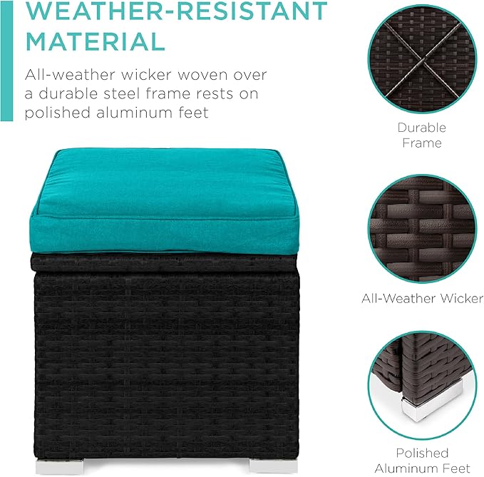 Best Choice Products Set of 2 Wicker Ottomans, Multipurpose Outdoor Furniture for Patio, Backyard, Additional Seating, Footrest, Side Table w/Storage, Removable Cushions - Black/Teal
