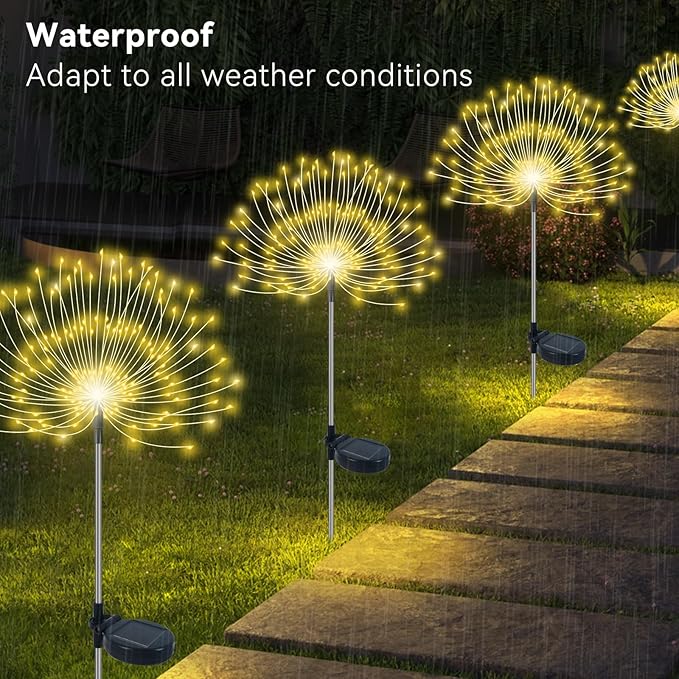 Solar Garden Lights Outdoor Waterproof, 2 Pack 120 LED Solar Firework Lights Decorative Garden Décor Outside for Flowerbed Pathway Party Christmas Decoration, Warm White