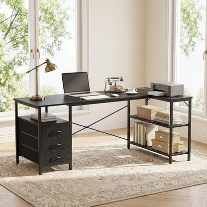Alpen L Shaped Computer Desk, 47 Inch Corner Desk with Drawers and Power Outlets, Home Office Desk for Gaming, Study Writing PC Table with Storage and Reversible Shelf, Black