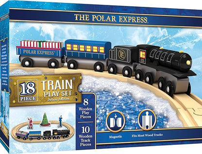 MasterPieces Polar Express Train Set, Wooden 18 Piece Deluxe Edition with Magnetic Cars and Track, Official Holiday Play Collection, Compatible with 1 Inch Train Systems, Polar Express Toys for Kids