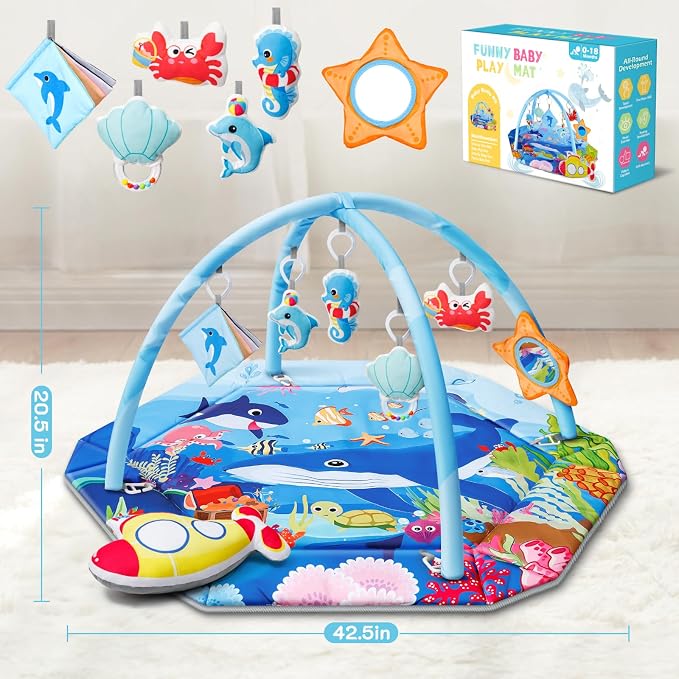 Baby Gym Play Mat, 8-in-1 Ocean Theme Tummy Time Mat & Ball Pit, Washable Baby Activity Play Mat for Visual, Hearing, Sensory, Motor Development, Baby Toys Gift for Toddler Infant 0-3-6-9-12-18 Months