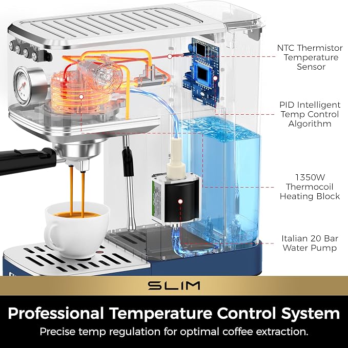 CHULUX Slim Espresso Machine with Milk Frother for Home Latte, Dark Blue | Precise Pressure Gauge, Food-Grade Materials, 20 Bar Italian Pump, Professional Temperature Control System, Stainless Steel