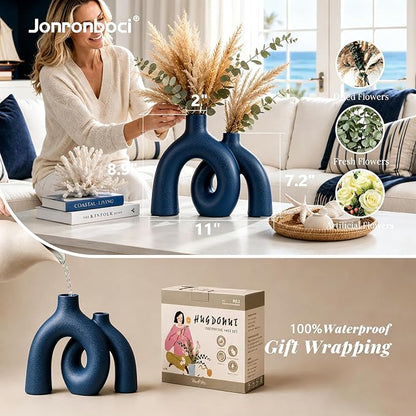 Hug Donut Decorative Vase Set - Navy Blue Vase, Modern Coastal Style Vases Home Decor, Matte Ceramic Decorations for Living Room Shelf, Bookshelf Mantle Entryway Table or Console Décor (Navy Blue) | Decorative Sculptural & Flower Vase for Living Room, ...