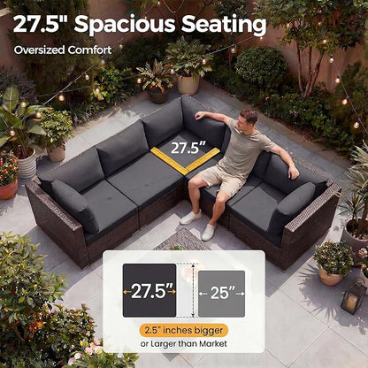 NICESOUL 7 Piece Outdoor Patio Furniture Set with Fire Pit Table Natural Gas/Propane, Tall Wide Deep Sectional Couch Sofa for Outside, 29.3'' High Back Backyard Sitting, Brown Rattan and Black Cushion