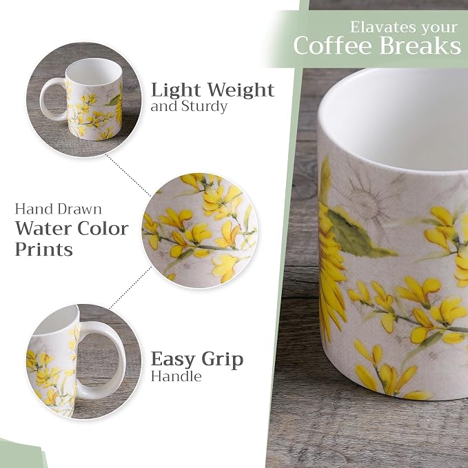 Maison d' Hermine Coffee Mug with Handles Tea Cups (12 Ounce, Pack of 1) | Fine Bone China Coffee Mugs for Hot Beverages Cappuccino Latte Home Restaurant Hotel Spring Summer -Candice - Helianthe