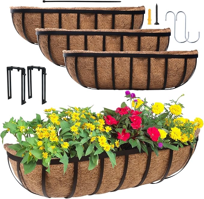 DUNCHATY Railing Planter Window Box - 4 Pack 24" Horse Trough Planter with Coco Fiber Liner - Deck Balcony Rail Planter for Porch Fence Patio Outdoor