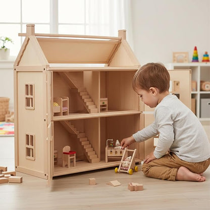 PlanToys® Wooden Nursery Dollhouse Furniture Set for Kids | Montessori Small World and Caregiving Pretend Play | Eco Friendly Wooden Dollhouse Baby Room Set for Imaginative Play