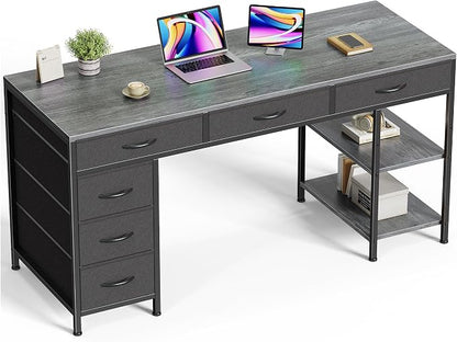Huuger Computer Desk with 6 Drawers, Office Desk with Shelves, Reversible Gaming Desk, Corner Desk with Storage, Work for Home Office, Study, Living Room, 54inch, Grey