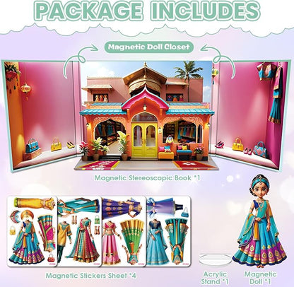 Magnetic Dress Up Dolls for Girls - Princess Magnet Paper Dolls Book with 3D City Buildings - Travel Car Trip Quiet Book Game Toys Easter Birthday Gifts for Kids Toddlers Ages 3 4 5 6 7(Style E)