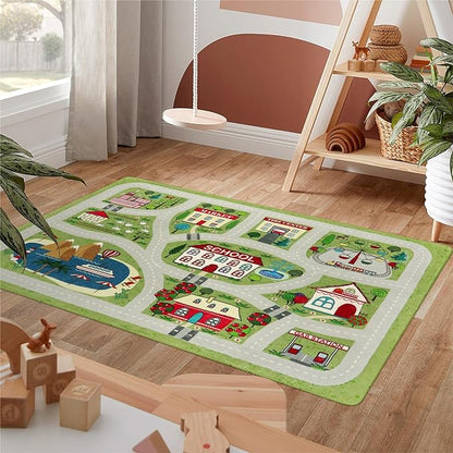 LIVEBOX Green Kids Rug for Kids Room, 3'x5' Washable Road Rug for Playroom, Non-Slip Soft Toy Car Rug for Baby Nursery, Small City Traffic Playmat for Boys Girls Dorm Bedroom Tent