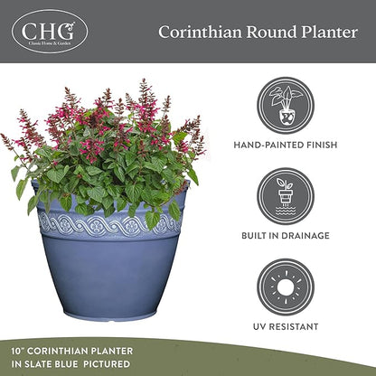 Classic Home and Garden Corinthian Round Resin Flower Planter Pot, Slate Blue 8" (Pack of 3)