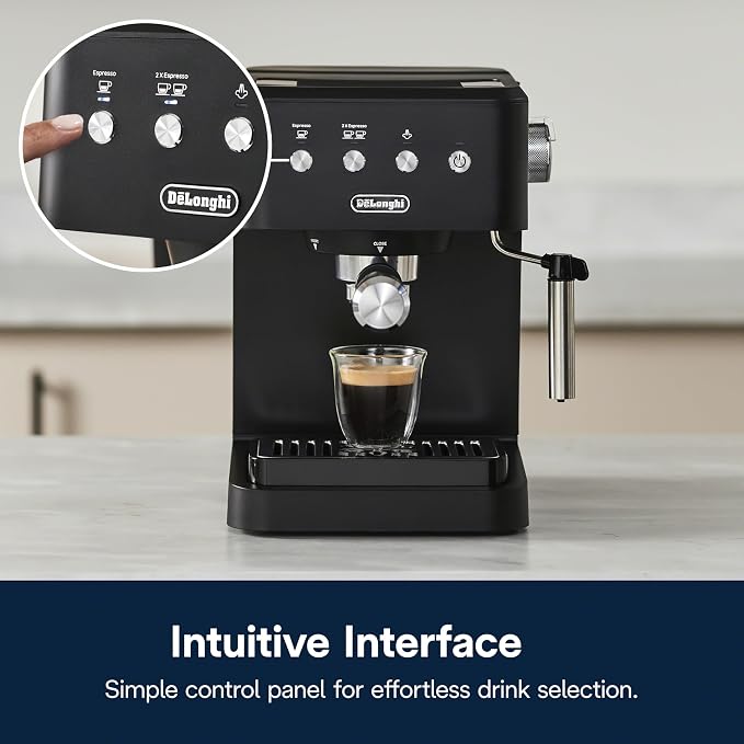 De’Longhi Classic Matte Black Espresso Machine, Easy-to-Use Milk Frother | #1 Worldwide Espresso Machine Maker, Rapid Heat-Up, Preset Single & Double Espresso, Frother, Compact Design