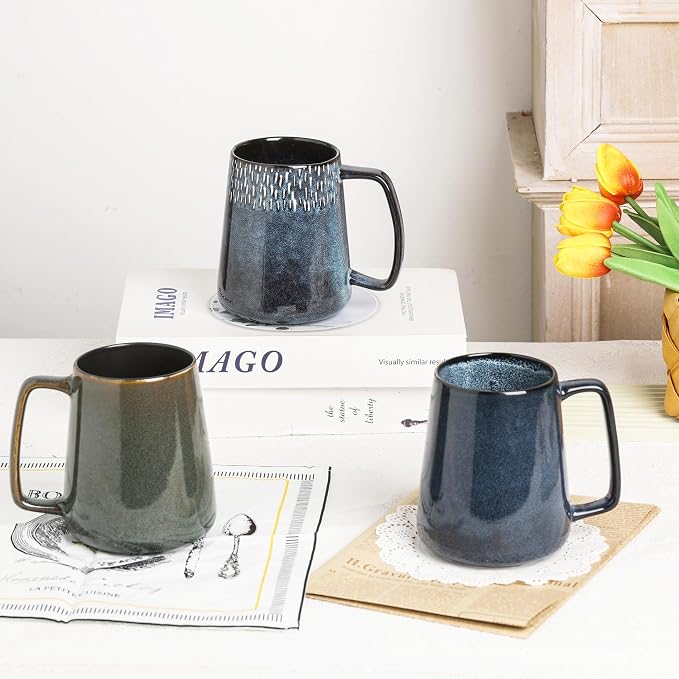 Large Ceramics Coffee Mugs,24 OZ,With Spoon And Wooden Lid,For Coffee,Tea,Cocoa,Large Handle Design,Microwave And Dishwasher Safe(Color:24 oz blue set)