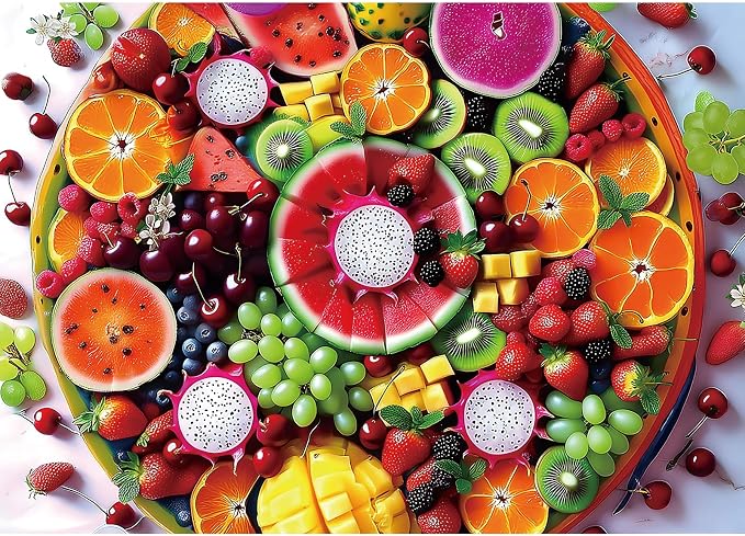 1000 Piece Jigsaw Puzzle for Adults Colorful Tropical Fruit Slices Vibrant Fun Watermelon, Oranges, Dragon Fruit & Grapes Challenging Puzzle Games for Family Night or Relaxation (27"x19")