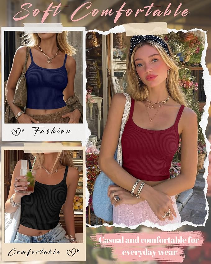 Ficerd 3 Pack Women's Tank Tops 95% Cotton Spaghetti Strap Ribbed Crop Camisole Slim Fitted Basic Summer Sleeveless Layer