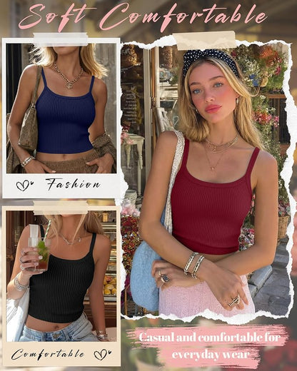 Ficerd 3 Pack Women's Tank Tops 95% Cotton Spaghetti Strap Ribbed Crop Camisole Slim Fitted Basic Summer Sleeveless Layer