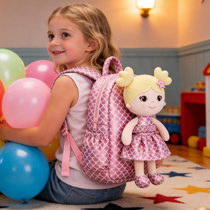 Lazada Toddler Backpack - Baby Girl Gifts Plush Doll Dress Backpack - Fashion Girls Tina Fish Scale Series - Pink11 Inches