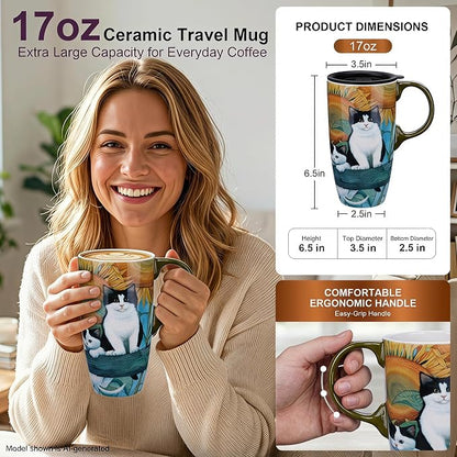 Topadorn 17oz Ceramic Travel Mug with Lid, Sunflower & Cat Coffee Mug | Coffee Mug with Handle, Cat & Sunflower Design, Spill-Resistant Lid, Microwave & Dishwasher Safe, Gift Box Included