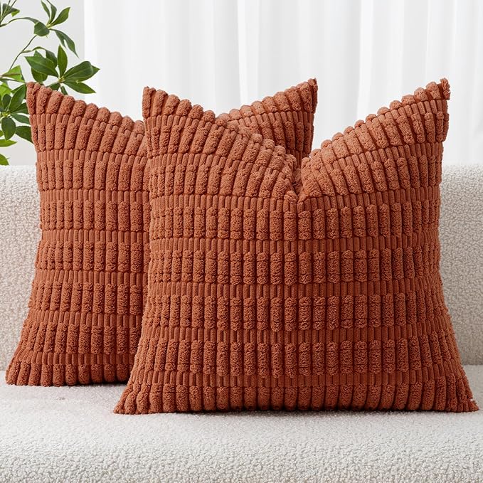 MIULEE Fall Pack of 2 Corduroy Decorative Throw Pillow Covers 16x16 Inch Soft Boho Striped Pillow Covers Modern Farmhouse Home Decor for Sofa Living Room Couch Bed Rust