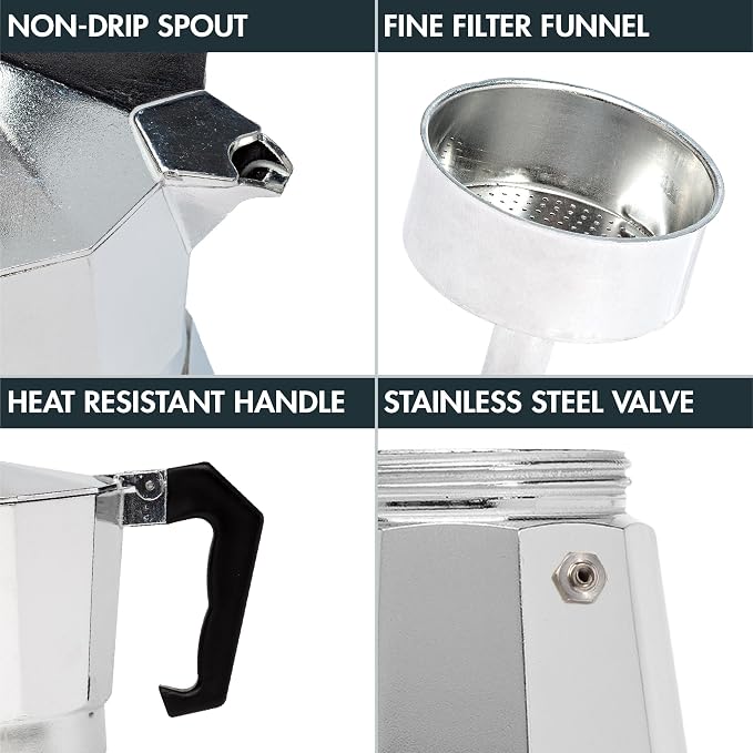 Primula Classic Stovetop Espresso and Coffee Maker, Moka Pot for Italian and Cuban Café Brewing, Greca Coffee Maker, Cafeteras, 6 Espresso Cups, Silver