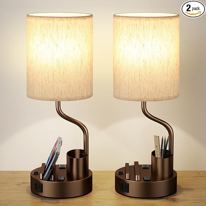 Fenmzee Bedside Lamps for Bedroom Set of 2 - Table Desk Lamp for Nightstand | 15" Table Lamp for Living Room with Pen Holder & Phone Stand, USB A+C Port, AC Outlet, 3 Color Temperature, LED Bulb Included