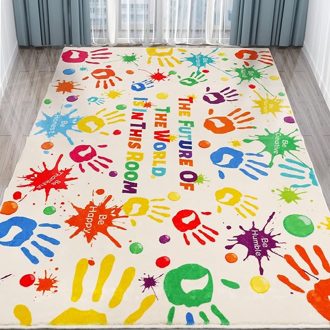 Colorful Kids Rug, Washable Rug for Kids, Handprints Area Rugs for Kids Bedroom, Non-Slip Play Mat Ultra Soft Thick Indoor Plush Rugs for Playroom Classroom Nursery Decor (78.7 X 59 INCH)