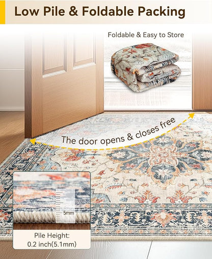 RELEANY Area Rugs Runner 3'x6' Washable Non-Slip, Floral Vintage Distress Medallion Carpet for Kitchen Hallway Bedroom Beside Laundry Room Bathroom, Beige Navy Blue Orange Colorful