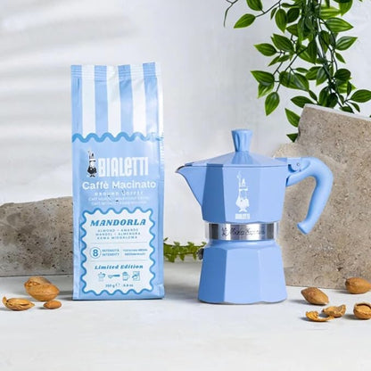 Bialetti Moka Express 3 Cup Light Blue & Almond Ground Coffee Gift Set – Stovetop Espresso Maker with 250g Caffe Macinato Mandorla, 80% Arabica 20% Robusta Medium Dark Roast, Made in Italy
