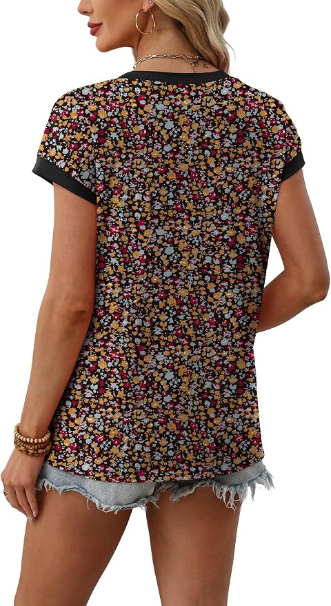 WIHOLL Womens Summer Tops 2026 Cap Short Sleeve Shirs V Neck T Shirts Fashion Beach Vacation Clothes Color Block