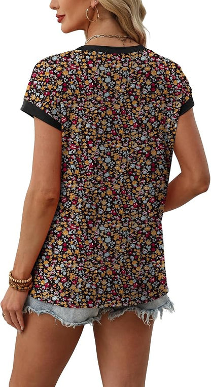 WIHOLL Womens Summer Tops 2026 Cap Short Sleeve Shirs V Neck T Shirts Fashion Beach Vacation Clothes Color Block