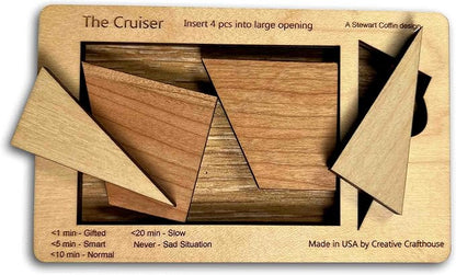 Creative Crafthouse Cruiser Stewart Coffin 4 Piece Wood Packing Puzzle | Design number 167, built in our Florida workshop. A deceptively tough fit that makes a fine desk gift for serious solvers
