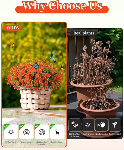 Fake Mums Faux Flowers for Outdoor Planters 16 Bundles UV Resistant Artificial Eucalyptus Plants Outside Fall Yard Decoration Realistic Silk Daisy Patio Front Porch Garden Pots Decor-Orange Red