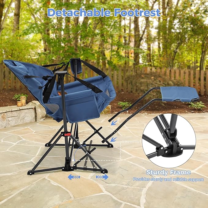 Ainfox Hammock Camping Chair with Footrest, Foldable Portable Rocking Chairs for Adults Outside Swinging Camp with Cup Holder Pillow for Outdoor Patio Poolside (Dark Blue)