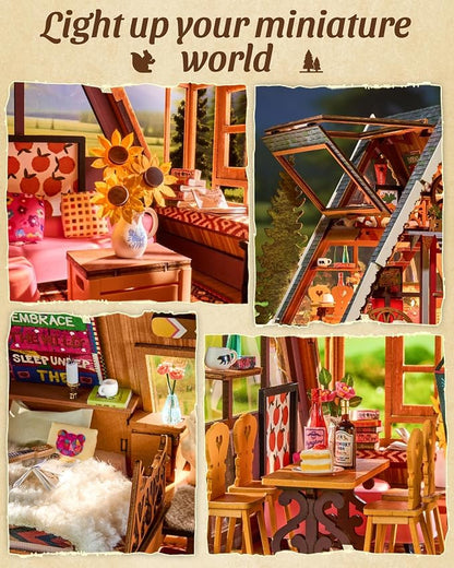 Rolife DIY Miniature House Kit A-Frame Cabin, 3D Wooden Puzzle Tiny House with Openable Skylight for Teens & Adults, Cozy Forest Cabin Décor, Creative Gift for Birthday & Holidays
