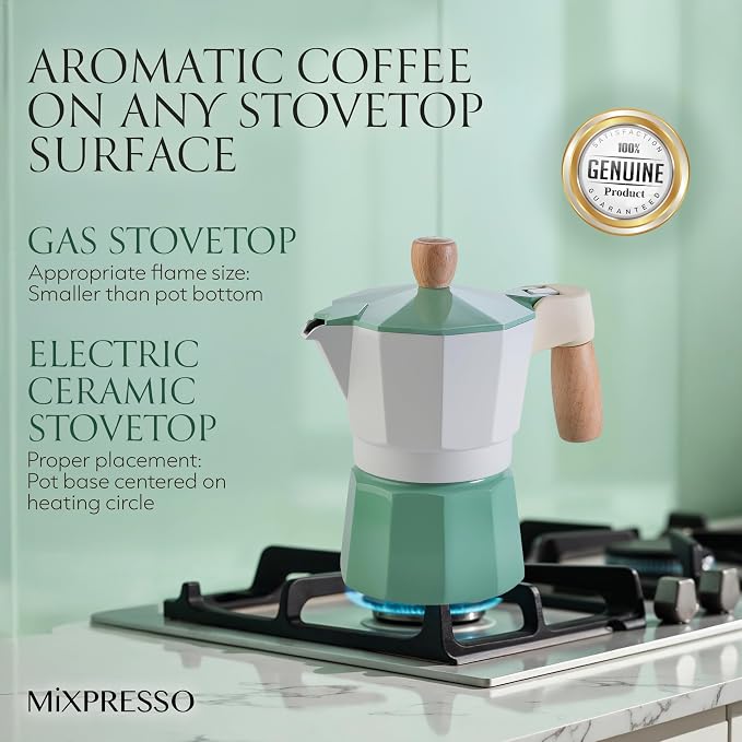 Mixpresso 3 Cup Moka Pot Stovetop Espresso Maker, Italian Cuban Coffee Pot | 5oz aluminum Italian coffee maker for gas and electric stovetops, small design for traditional espresso-style coffee at home