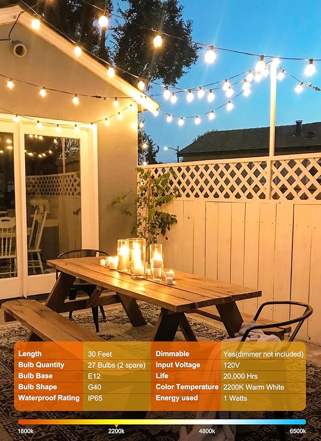 Brightown 30FT LED Outdoor String Lights, Plug-in Waterproof Patio Lights with 25 Shatterproof Bulbs, Warm White Outdoor Hanging Light Decor for Backyard Deck Garden Bistro Porch Party