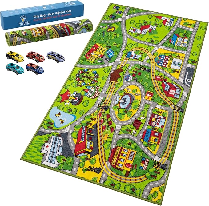 Booooom Jackson City Playmat Rug, Green, 60 x 32 inches, Non-Slip, Machine Washable, Compatible with Hot Wheels and Matchbox Cars, Ideal for Kids Room or Playroom