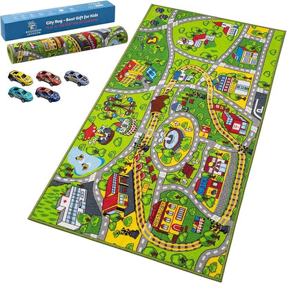 Booooom Jackson City Playmat Rug, Green, 60 x 32 inches, Non-Slip, Machine Washable, Compatible with Hot Wheels and Matchbox Cars, Ideal for Kids Room or Playroom