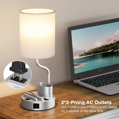 Fenmzee Bedside Lamps for Bedroom Set of 2 - Table Desk Lamp for Nightstand | 15" Table Lamp for Living Room with Pen Holder & Phone Stand, USB A+C Port, AC Outlet, 3 Color Temperature, LED Bulb Included