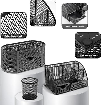 17 in 1 Black Desk Organizers and Accessories Set, 3 Office Desk Supplies Storage Organization, 4 Pens, Stapler, Staples & Remover, Tape & Dispenser, Scissors, Ruler, Clips, Hole Punch, Back to School