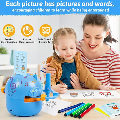 Drawing Robot for Kids with Music, Interactive Educational Drawing Machine with 100 Drawing Cards & 16 Color Pens, Magic Painting Learning Toy Gift for Girls and Boys Age 3 4 5 6 7 8