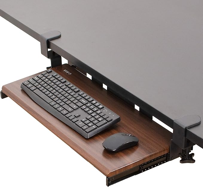 VIVO Dark Walnut Large 27 x 11 in Under Desk Keyboard Tray, MOUNT-KB05D | Keyboard Tray for Typing, Slide Out Platform, Extra Sturdy C-Clamp Mount System, Computer Drawer, Black Frame